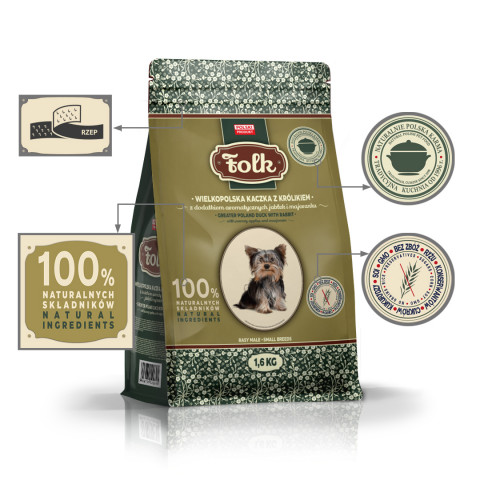 FOLK Small breeds Traditional Greater Poland duck with rabbit, apples and marjoram - suché krmivo pro psy - 1,6kg - Fotogalerie 4