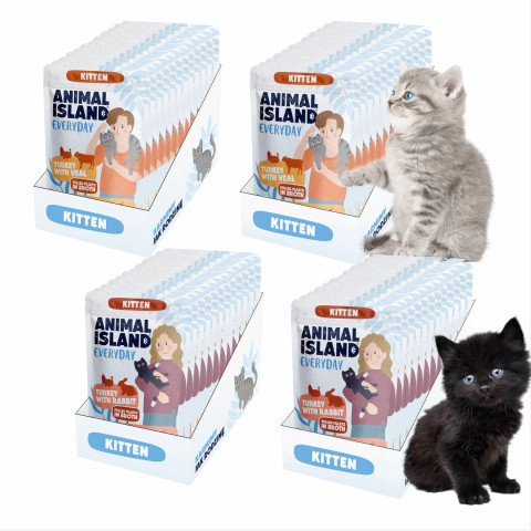 ANIMAL ISLAND Everyday Kitten Krůta s telecím a Krůta s králíkem ve vývaru - mokré krmivo pro kočky - 48x85g - Fotogalerie 1