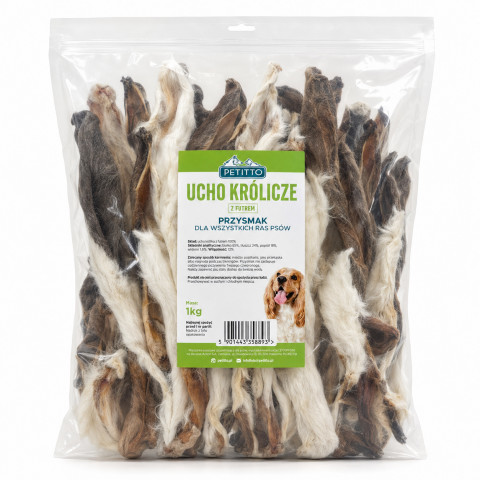 PETITTO Rabbit ear with fur Mono - pamlsek pro psa - 1kg - Fotogalerie 1