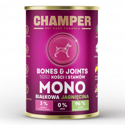 CHAMPER Bones & Joints Jehněčí – mokré krmivo pro psy – 5x400g + 1 konzerva ZDARMA! - Fotogalerie 2