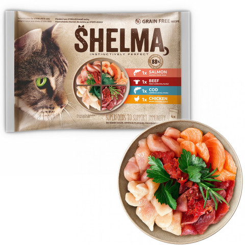 SHELMA Rich in salmon, cod, beef and chicken - mokré krmivo pro kočky - 4x85g - Fotogalerie 3