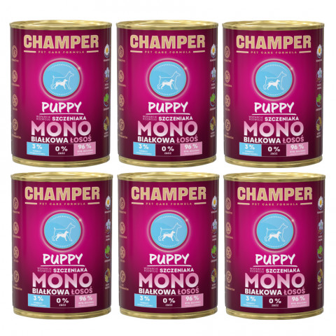 CHAMPER Puppy monoproteinový losos – mokré krmivo pro štěně – 6×400 g - Fotogalerie 1