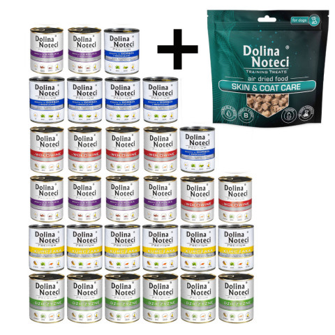 DOLINA NOTECI MIX CHUTÍ – mokré krmivo pro psy – 30x800g + pamlsek pro psy Training Treats Skin and coat 130g - Fotogalerie 1