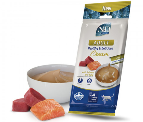 FARMINA N&D Ocean Cat Cream with Salmon & Tuna adult box – pamlsek pro kočku – 24x(4x15g) - Fotogalerie 3