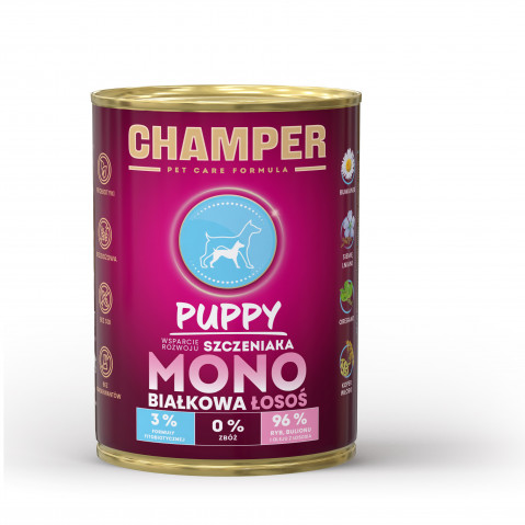 CHAMPER Puppy Monoprotein Losos – mokré krmivo pro psy – 5x400g + 1 konzerva ZDARMA! - Fotogalerie 2