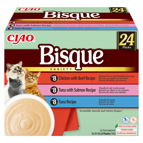 INABA Ciao Bisque Creamy soup with tuna, chicken, beef and salmon - pamlsek pro kočky - 24x40g - Fotogalerie 1
