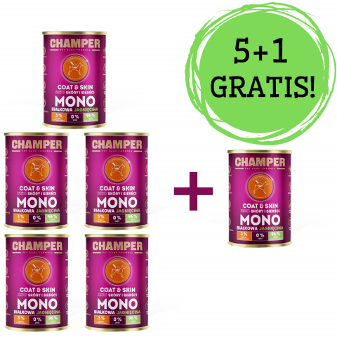 CHAMPER Coat & Skin Jehněčí – mokré krmivo pro psy – 5x400g + 1 konzerva ZDARMA! - Fotogalerie 1