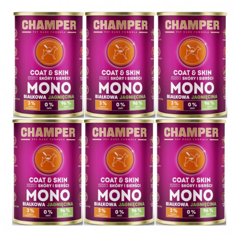 CHAMPER Coat & Skin monoproteinové jehněčí – mokré krmivo pro psa – 6×400 g - Fotogalerie 1