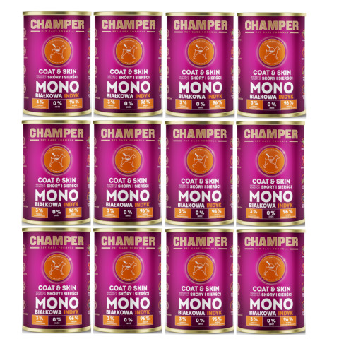 CHAMPER Coat & Skin monoproteinový losos – mokré krmivo pro psa – 12×400 g - Fotogalerie 1