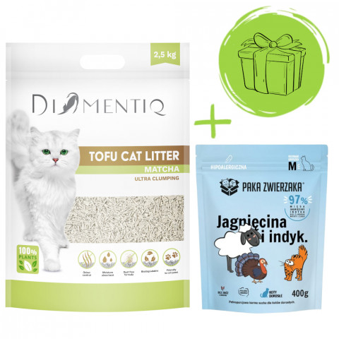 DIAMENTIQ Tofu Matcha Ultra clumping – stelivo pro kočky 2,5 kg + Paka Zwierzaka Jehněčí s krůtím – suché krmivo 400 g ZDARMA. - Fotogalerie 1