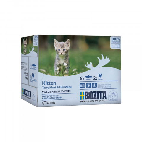 BOZITA Kitten box Masové a rybí kousky v omáčce – vlhké krmivo pro kotě – 12x85g - Fotogalerie 1