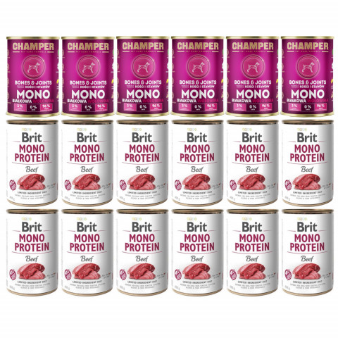 CHAMPER Bones & Joints Mono Hovězí + BRIT Mono Protein Beef – mokré krmivo pro psy – 18×400 g - Fotogalerie 1