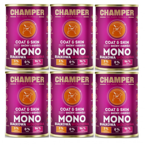 CHAMPER Coat & Skin monoproteinové hovězí – mokré krmivo pro psa – 6×400 g - Fotogalerie 1