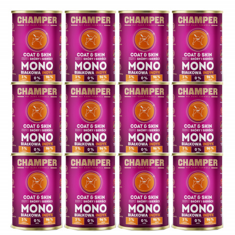 CHAMPER Coat & Skin monoproteinový krůtí – mokré krmivo pro psa – 12×400 g - Fotogalerie 1