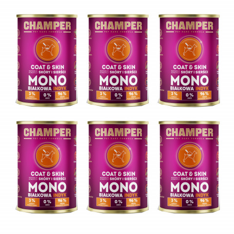 CHAMPER Coat & Skin monoproteinový krůtí – mokré krmivo pro psa – 6×400 g - Fotogalerie 1