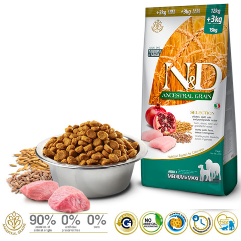 FARMINA N&D Ancestral Grain Selection Adult Medium & Maxi – suché krmivo pro psy – 12 kg + 3 kg - Fotogalerie 2