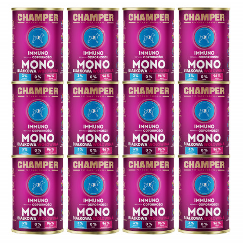 CHAMPER Immuno monoproteinové hovězí – mokré krmivo pro psa – 12×400 g - Fotogalerie 1