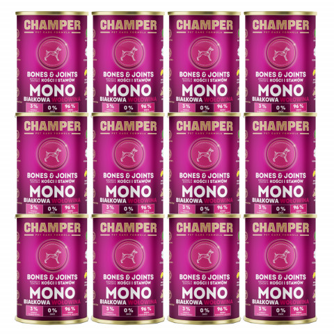 CHAMPER Bones & Joints monoproteinové hovězí – mokré krmivo pro psa – 12×400 g - Fotogalerie 1