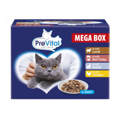 PREVITAL Cat Food Megabox s jehněčím, hovězím, králíkem a kuřetem v omáčce - mokré krmivo pro kočky - 24 x 100g - Fotogalerie 1