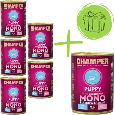 CHAMPER Puppy monoproteinový losos - mokré krmivo pro psy - 5x400g + 400g ZDARMA - Fotogalerie 1
