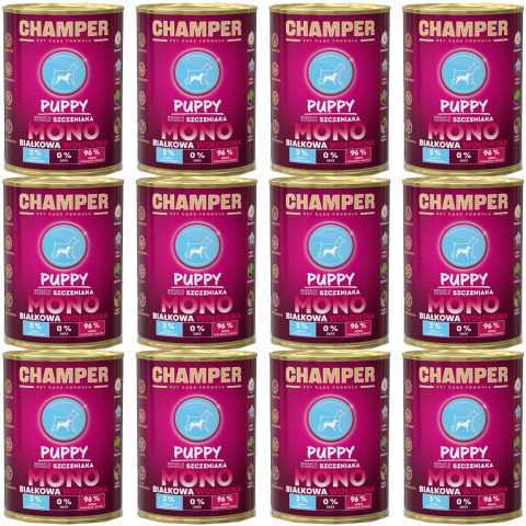 CHAMPER Puppy monoproteinové hovězí – mokré krmivo pro štěně – 12×400 g - Fotogalerie 1