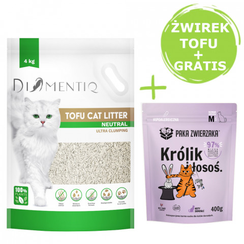 DIAMENTIQ Tofu Neutral Ultra clumping – stelivo pro kočky 4 kg + Paka Zwierzaka Králík s lososem – suché krmivo 400 g ZDARMA. - Fotogalerie 1
