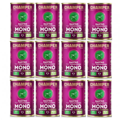 CHAMPER Gastro monoproteinové jehněčí – mokré krmivo pro psa – 12×400 g - Fotogalerie 1