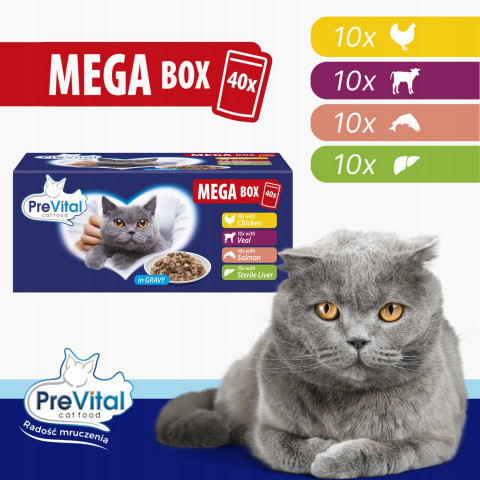 PREVITAL Mega Box Veal, salmon, liver, chicken - mokré krmivo pro kočky - 40X100g - Fotogalerie 2