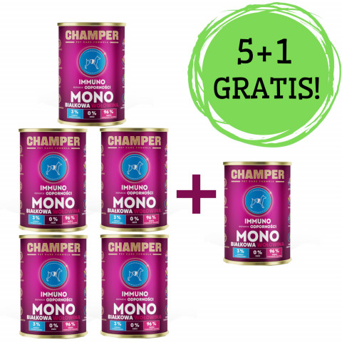 CHAMPER Immuno Monoprotein Hovězí – mokré krmivo pro psy – 5x400g + 1 konzerva ZDARMA! - Fotogalerie 1