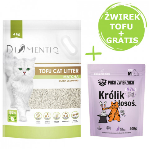 DIAMENTIQ Tofu Matcha Ultra clumping – stelivo pro kočky 4 kg + Paka Zwierzaka Králík s lososem – suché krmivo 400 g ZDARMA. - Fotogalerie 1