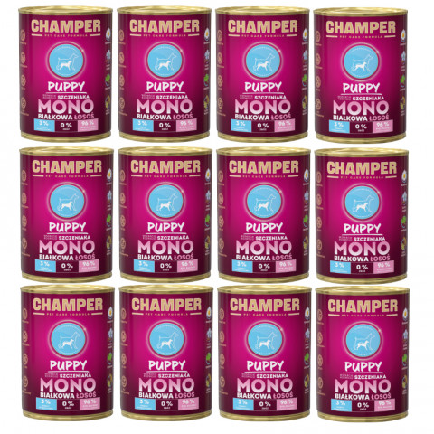 CHAMPER Puppy monoproteinový losos – mokré krmivo pro štěně – 12×400 g - Fotogalerie 1