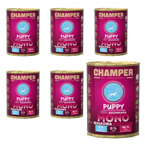 CHAMPER Puppy monoproteinové hovězí – mokré krmivo pro štěně – 6×400 g - Fotogalerie 1
