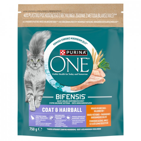 PURINA One Bifensis Coat & Hairball Rich in chicken - suché krmivo pro kočky - 750g - Fotogalerie 1