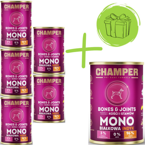 CHAMPER Bones & Joints monoproteinové krůtí - mokré krmivo pro psy - 5x400g + 400g ZDARMA - Fotogalerie 1
