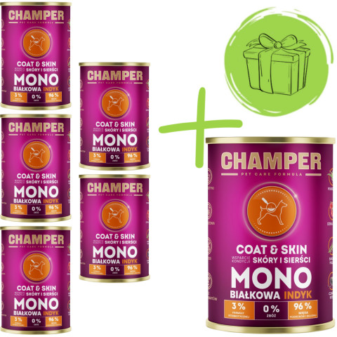 CHAMPER Coat & Skin monoproteinové krůtí - mokré krmivo pro psy - 5x400g + 400g ZDARMA - Fotogalerie 1
