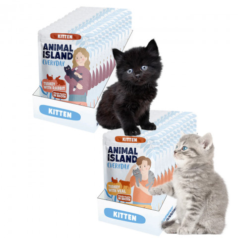 ANIMAL ISLAND Everyday Kitten Krůta s telecím a Krůta s králíkem ve vývaru - mokré krmivo pro kočky - 24x85g - Fotogalerie 1