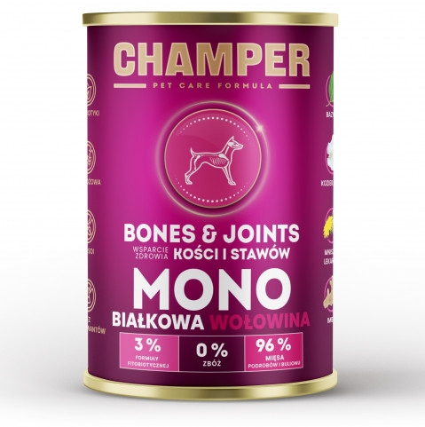 CHAMPER Bones & Joints Mono Hovězí + BRIT Mono Protein Beef – mokré krmivo pro psy – 24×400 g - Fotogalerie 3