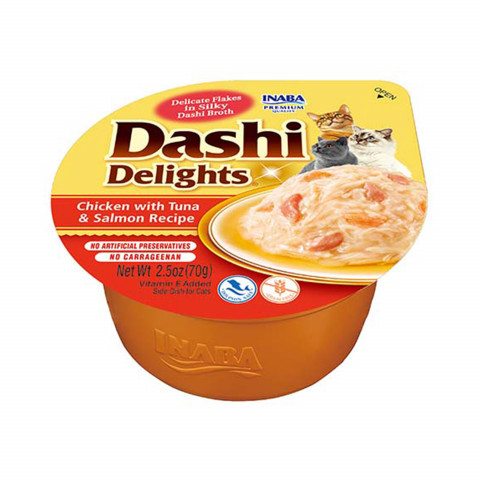 INABA Dashi Delights Chicken s tuňákem a lososem ve vývaru - pochoutka pro kočky - 3x70 g + 1x70 g Zdarma! - Fotogalerie 6