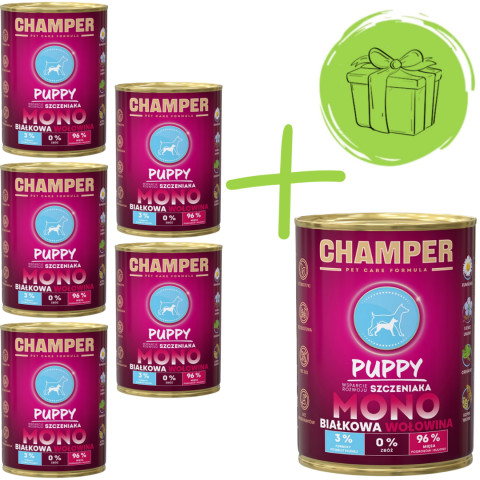 CHAMPER Puppy monoproteinové hovězí - mokré krmivo pro psy - 5x400g + 400g ZDARMA - Fotogalerie 1