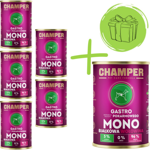 CHAMPER Gastro monoproteinové hovězí - mokré krmivo pro psy - 5x400g + 400g ZDARMA - Fotogalerie 1