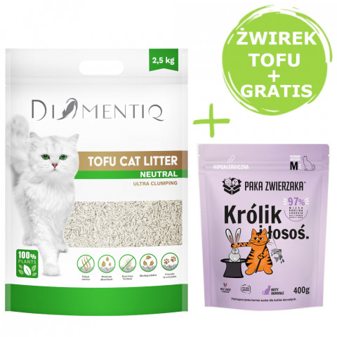 DIAMENTIQ Tofu Neutral Ultra clumping – stelivo pro kočky 2,5 kg + Paka Zwierzaka Králík s lososem – suché krmivo 400 g ZDARMA. - Fotogalerie 1