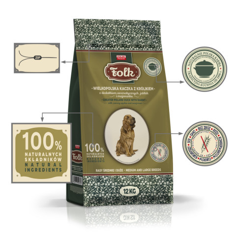 FOLK Medium and large breeds Traditional Greater Poland duck with rabbit, apples and marjoram - suché krmivo pro psy - 12kg - Fotogalerie 4