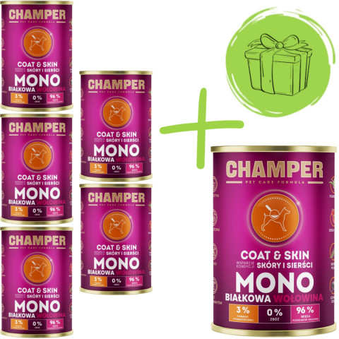 CHAMPER Coat & Skin monoproteinové hovězí - mokré krmivo pro psy - 5x400g + 400g ZDARMA - Fotogalerie 1