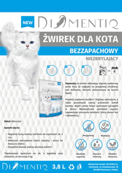 DIAMENTIQ Podestýlka neutrální, silikonová, neshrnující se pro kočky - 10x3,8 l - Fotogalerie 6