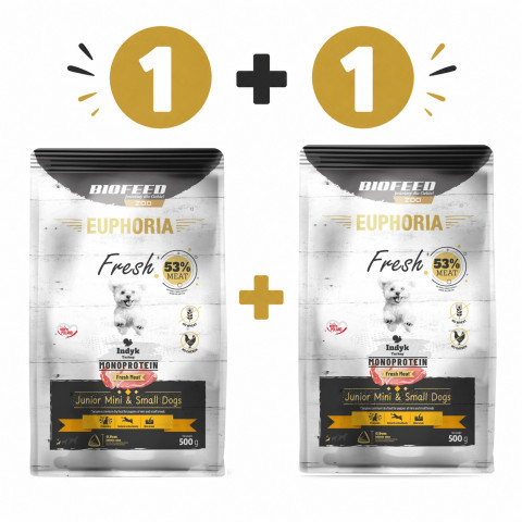 BIOFEED Euphoria Fresh Junior Krůta Monoprotein XS/S 500g – suché krmivo pro psy – 1+1 - Fotogalerie 1
