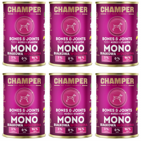 CHAMPER Bones & Joints monoproteinové hovězí – mokré krmivo pro psa – 6×400 g - Fotogalerie 1