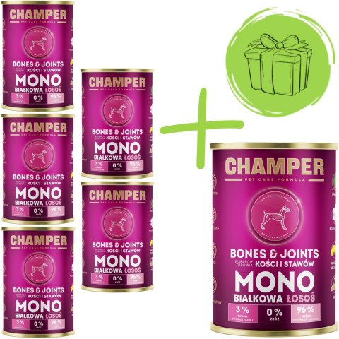 CHAMPER Bones & Joints monoproteinový losos - mokré krmivo pro psy - 5x400g + 400g ZDARMA - Fotogalerie 1