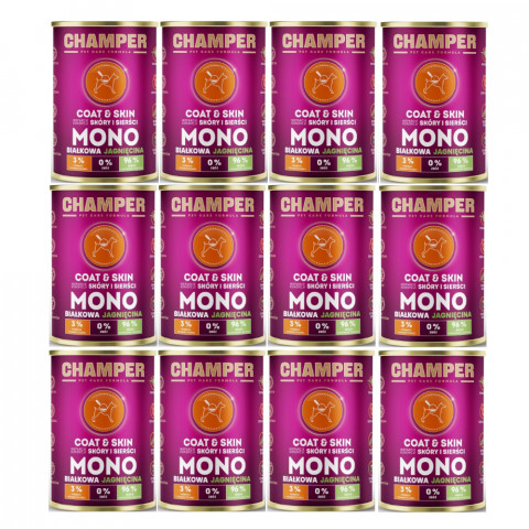 CHAMPER Coat & Skin monoproteinové jehněčí – mokré krmivo pro psa – 12×400 g - Fotogalerie 1