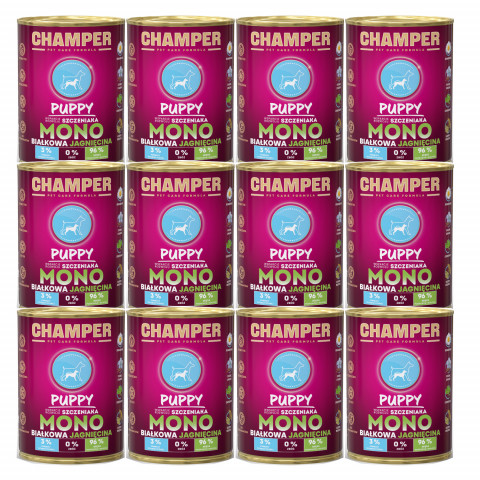 CHAMPER Puppy monoproteinové jehněčí – mokré krmivo pro štěně – 12×400 g - Fotogalerie 1
