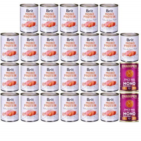 CHAMPER Coat & Skin Mono Krůta + BRIT Mono Protein Turkey & Sweet Potato – mokré krmivo pro psy – 26×400 g - Fotogalerie 1